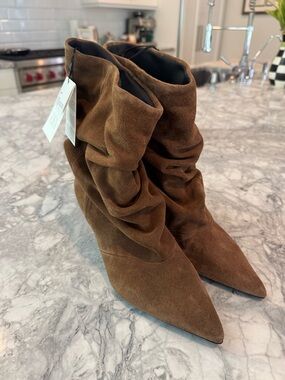 Zara Brown Suede Slouch Pointed-Toe Heeled Ankle Boots